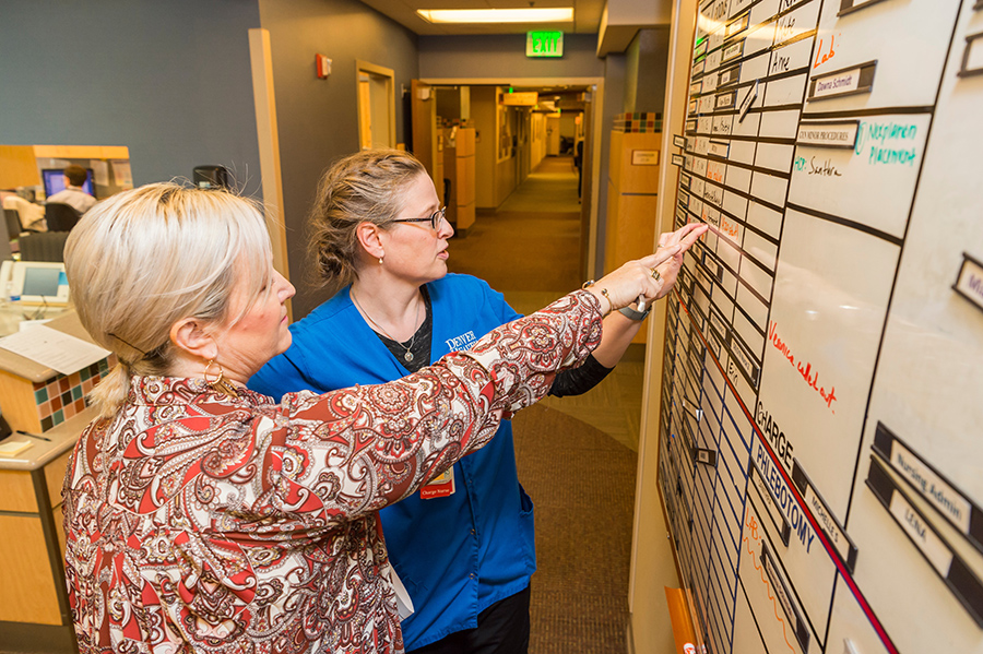 two women look at a chart on the wall