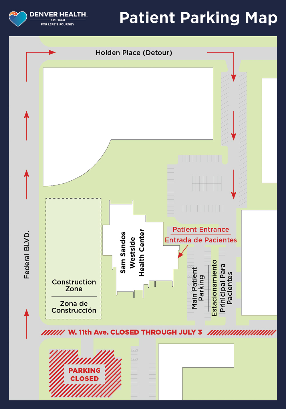 Graphic showing parking updates and road closures during the construction