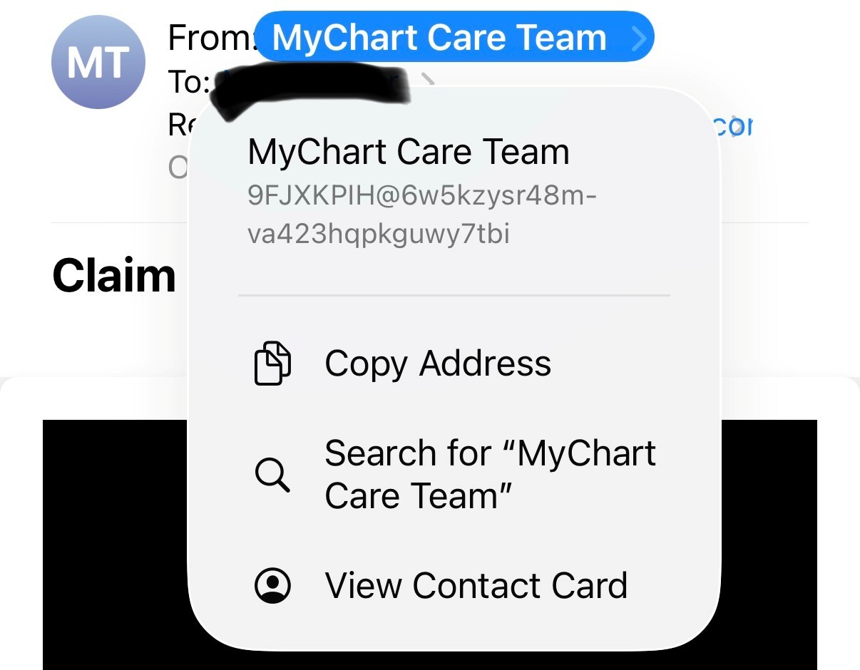 Example of a fake MyChart email asking the recipient to claim a free reward