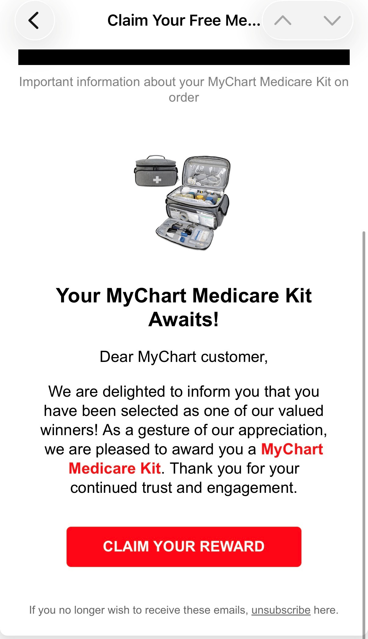 Example of a scam email impersonating MyChart with a button to claim a health kit