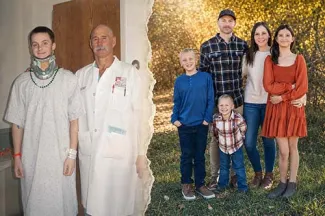 Denver Health patient Tyler Oatts, then 18, is shown with trauma surgeon Ernest E. Moore, MD, on the left side of the photo, contrasted with a current photo of Oatts and his family.