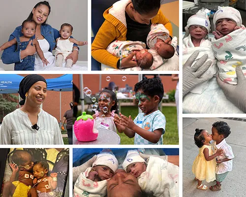 Tasneem Hamdan and her twins, Adel and Kayan, in a photo collage.