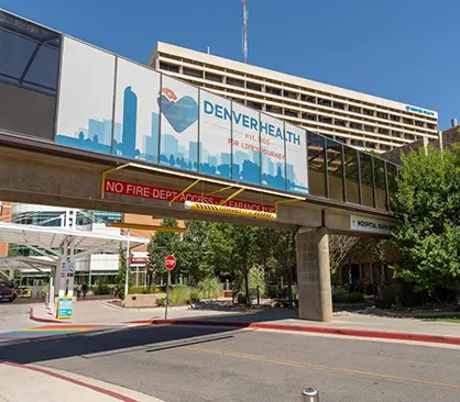 Denver Health main campus building and walkway